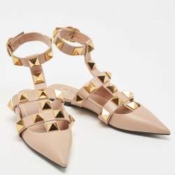 Pre Owned Valentino Beige Leather Roman Stud Mules Size 37.5