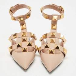 Pre Owned Valentino Beige Leather Roman Stud Mules Size 37.5