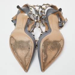 Pre Owned حذاء كعب عالي فالنتينو روكستد جلد أزرق كحلي بحزام للكاحل مقاس 36