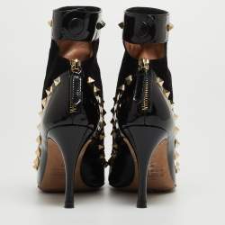 Pre Owned Valentino Black Patent Leather and Suede Rockstud Ankle Booties Size 37