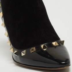 Pre Owned Valentino Black Patent Leather and Suede Rockstud Ankle Booties Size 37