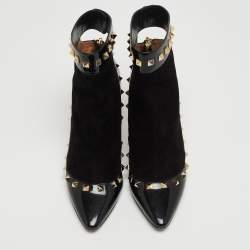 Pre Owned Valentino Black Patent Leather and Suede Rockstud Ankle Booties Size 37