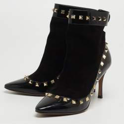 Pre Owned Valentino Black Patent Leather and Suede Rockstud Ankle Booties Size 37