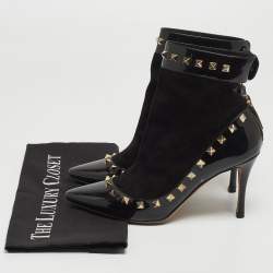 Pre Owned Valentino Black Patent Leather and Suede Rockstud Ankle Booties Size 37