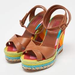 مملوكة مسبقًا Valentino Multicolor Leather Espadrille Wedge Ankle Strap Sandals Size 36