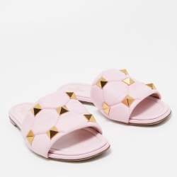 Pre Owned Valentino Pink Leather Roman Stud Flat Slides Size 39