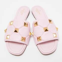Pre Owned Valentino Pink Leather Roman Stud Flat Slides Size 39
