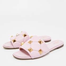 Pre Owned Valentino Pink Leather Roman Stud Flat Slides Size 39