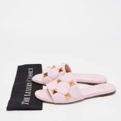Pre Owned Valentino Pink Leather Roman Stud Flat Slides Size 39