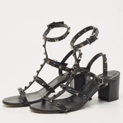 Pre Owned Valentino Black Leather Rockstud  Ankle Strap Sandals Size 37