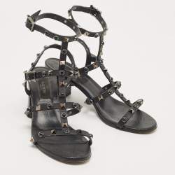 Pre Owned Valentino Black Leather Rockstud  Ankle Strap Sandals Size 37