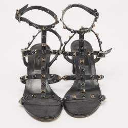 Pre Owned Valentino Black Leather Rockstud  Ankle Strap Sandals Size 37