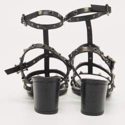 Pre Owned Valentino Black Leather Rockstud  Ankle Strap Sandals Size 37