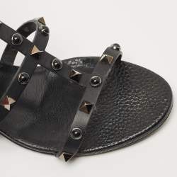 Pre Owned Valentino Black Leather Rockstud  Ankle Strap Sandals Size 37