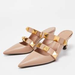 Pre Owned Valentino Pink Leather Roman Stud Pointed Toe Mules Size 37