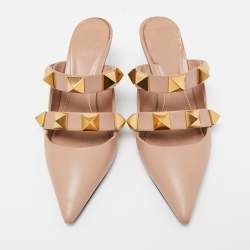 Pre Owned Valentino Pink Leather Roman Stud Pointed Toe Mules Size 37