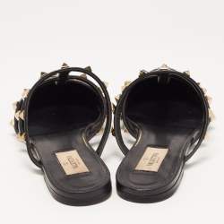 Pre Owned Valentino Brown/Black Leather Rockstud Strappy Flat Mules Size 38