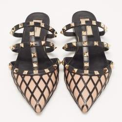 Pre Owned Valentino Brown/Black Leather Rockstud Strappy Flat Mules Size 38