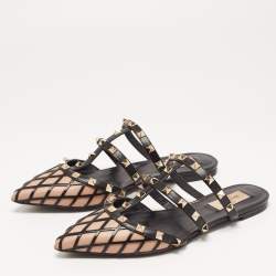Pre Owned Valentino Brown/Black Leather Rockstud Strappy Flat Mules Size 38