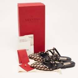 Pre Owned Valentino Brown/Black Leather Rockstud Strappy Flat Mules Size 38