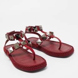 Pre Owned Valentino Dark Red Suede Roman Stud Espadrille Thong Sandals Size 37