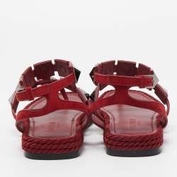 Pre Owned Valentino Dark Red Suede Roman Stud Espadrille Thong Sandals Size 37
