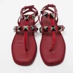 Pre Owned Valentino Dark Red Suede Roman Stud Espadrille Thong Sandals Size 37