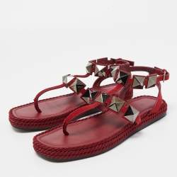 Pre Owned Valentino Dark Red Suede Roman Stud Espadrille Thong Sandals Size 37