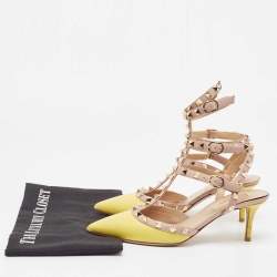 Pre Owned Valentino Yellow/Pink Leather Rockstud Ankle Strap Pumps Size 36