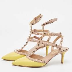 Pre Owned Valentino Yellow/Pink Leather Rockstud Ankle Strap Pumps Size 36