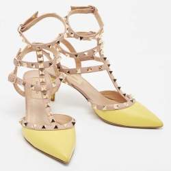 Pre Owned Valentino Yellow/Pink Leather Rockstud Ankle Strap Pumps Size 36