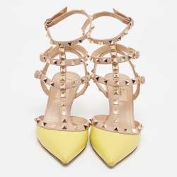 Pre Owned Valentino Yellow/Pink Leather Rockstud Ankle Strap Pumps Size 36