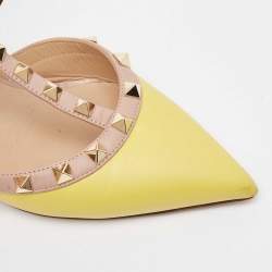 Pre Owned Valentino Yellow/Pink Leather Rockstud Ankle Strap Pumps Size 36