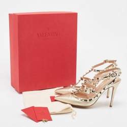 Pre Owned Valentino Gold Foil Leather Rockstud Strappy Pointed Toe Pumps Size 39