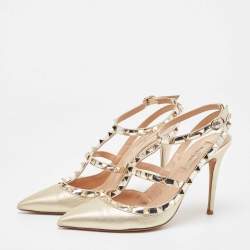 Pre Owned Valentino Gold Foil Leather Rockstud Strappy Pointed Toe Pumps Size 39