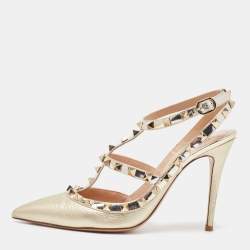Pre Owned Valentino Gold Foil Leather Rockstud Strappy Pointed Toe Pumps Size 39