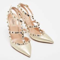 Pre Owned Valentino Gold Foil Leather Rockstud Strappy Pointed Toe Pumps Size 39