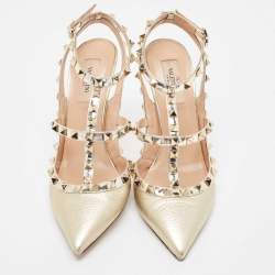 Pre Owned Valentino Gold Foil Leather Rockstud Strappy Pointed Toe Pumps Size 39