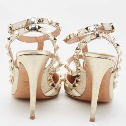 Pre Owned Valentino Gold Foil Leather Rockstud Strappy Pointed Toe Pumps Size 39