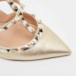 Pre Owned Valentino Gold Foil Leather Rockstud Strappy Pointed Toe Pumps Size 39