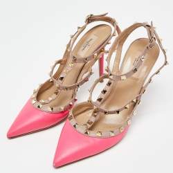 Pre Owned Valentino Pink/Beige Leather Rockstud Ankle Strap Pumps Size 41