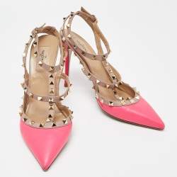 Pre Owned Valentino Pink/Beige Leather Rockstud Ankle Strap Pumps Size 41