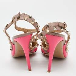 Pre Owned Valentino Pink/Beige Leather Rockstud Ankle Strap Pumps Size 41