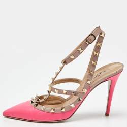 Pre Owned Valentino Pink/Beige Leather Rockstud Ankle Strap Pumps Size 41