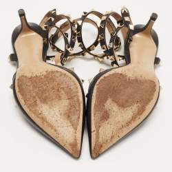 Pre Owned Valentino Black Leather Rockstud Strappy Pointed Toe Pumps Size 38.5