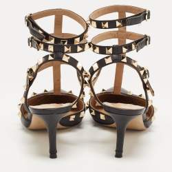 Pre Owned Valentino Black Leather Rockstud Strappy Pointed Toe Pumps Size 38.5