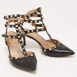 Pre Owned Valentino Black Leather Rockstud Strappy Pointed Toe Pumps Size 38.5