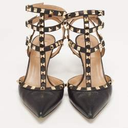 Pre Owned Valentino Black Leather Rockstud Strappy Pointed Toe Pumps Size 38.5