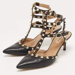 Pre Owned Valentino Black Leather Rockstud Strappy Pointed Toe Pumps Size 38.5