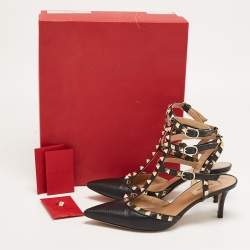 Pre Owned Valentino Black Leather Rockstud Strappy Pointed Toe Pumps Size 38.5